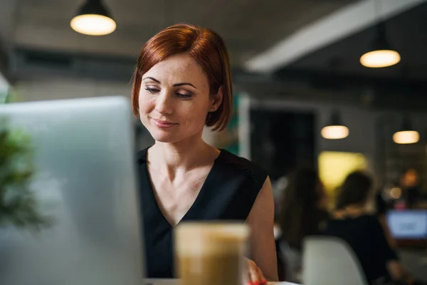 Um retrato de mulher com café sentado à mesa em um café, usando laptop . — Fotografia de Stock