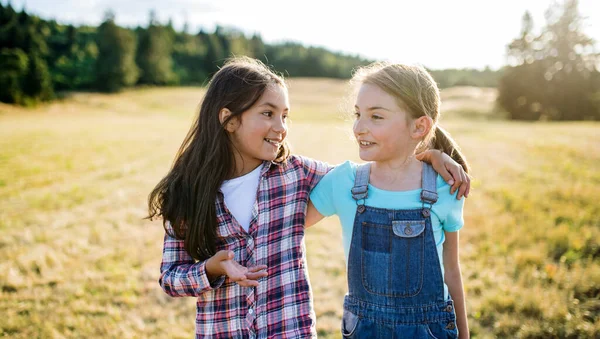 Two school children walking on field trip in nature, talking. — Stock Photo, Image