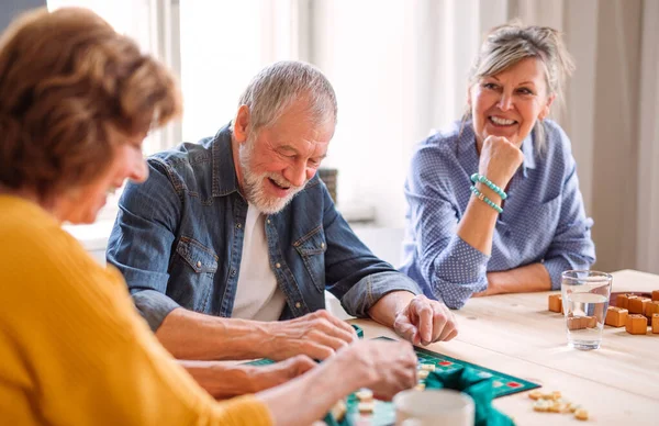 Seniorengruppe spielt Brettspiele im Dorfgemeinschaftshaus. — Stockfoto