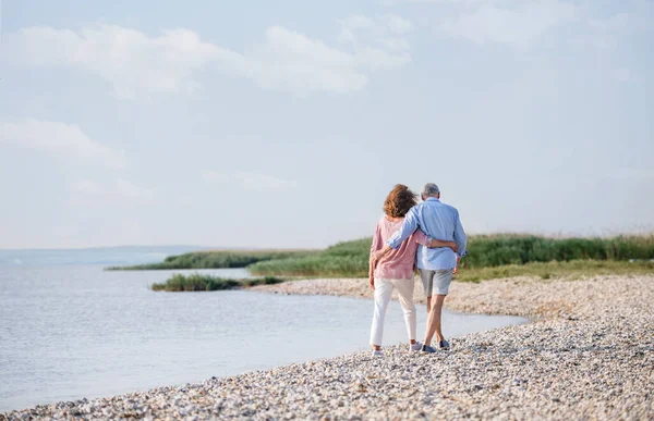 Blick von hinten auf ein älteres Ehepaar im Urlaub bei einem Spaziergang am See,. — Stockfoto