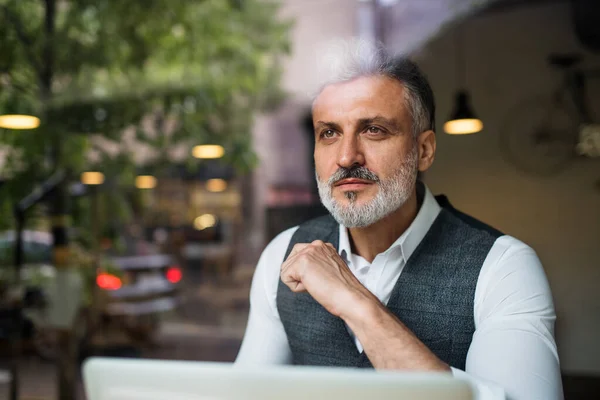 Homme mûr sérieux assis à la table dans un café, à l'aide d'un ordinateur portable . — Photo