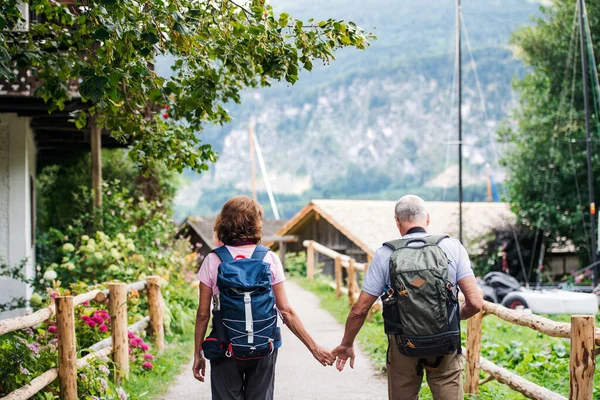 A rear view of senior pensioner couple hiking, walking. — Stock fotografie