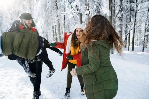 Bir grup genç arkadaş kış ormanlarında karda açık havada yürüyüş yaparken, eğleniyor. — Stok fotoğraf