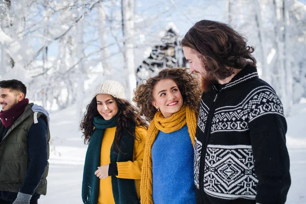 En grupp unga vänner på en promenad utomhus i snö på vintern. — Stockfoto