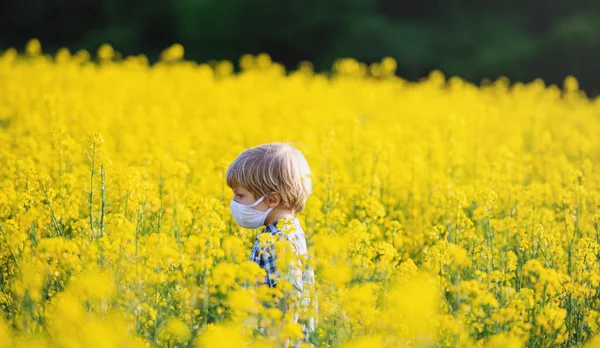 Vista laterale del piccolo ragazzo con maschera in piedi in natura nel campo di colza . — Foto Stock