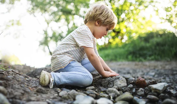 Sidovy över liten pojke leker med stenar och lera i naturen. — Stockfoto