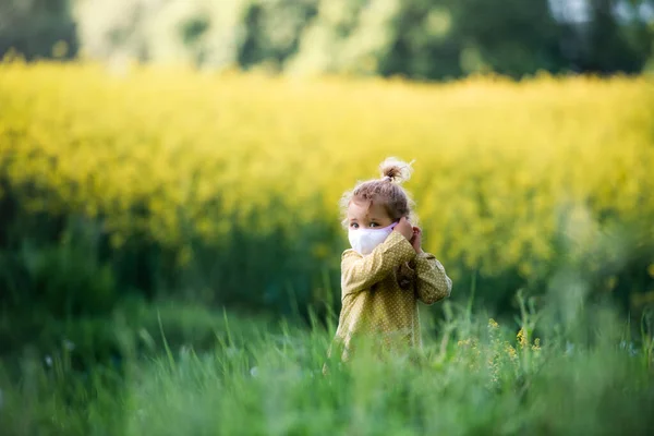 Vista frontal da menina pequena criança com máscara facial em pé na natureza no campo de colza . — Fotografia de Stock