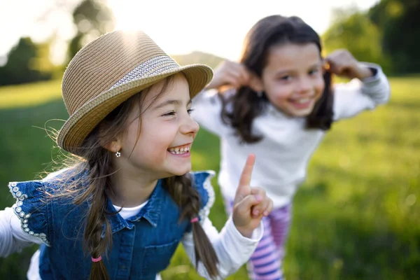 Portret dwóch małych dziewczynek stojących na świeżym powietrzu w wiosennej naturze, śmiejących się. — Zdjęcie stockowe