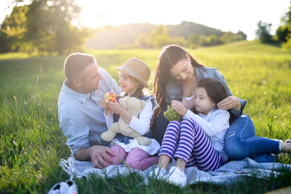 Familia feliz con dos hijas pequeñas sentadas al aire libre en la naturaleza de primavera, teniendo picnic . — Foto de Stock