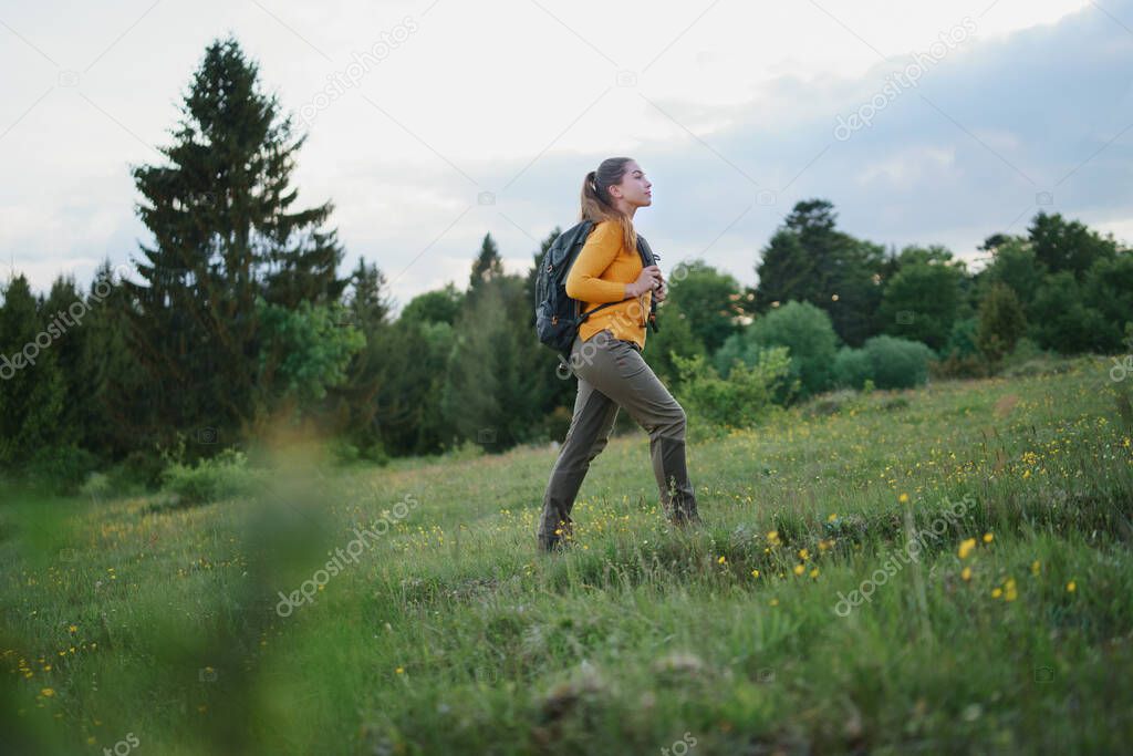 Young woman on a walk outdoors on meadow in summer nature, walking.