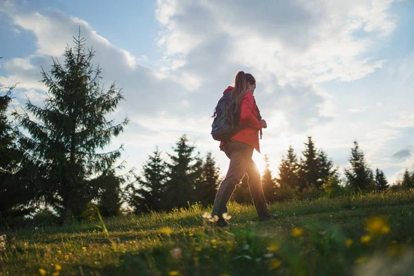 Jonge vrouw op een wandeling buiten op weide in de zomer natuur, wandelen. — Stockfoto