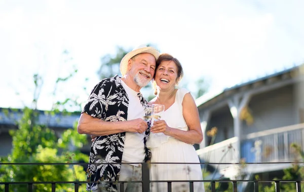 Seniorenpaar hält im Urlaub Wein im Freien und blickt in die Kamera. — Stockfoto