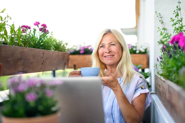 Mujer mayor activa con ordenador portátil y café trabajando en el balcón, oficina en casa . — Foto de Stock