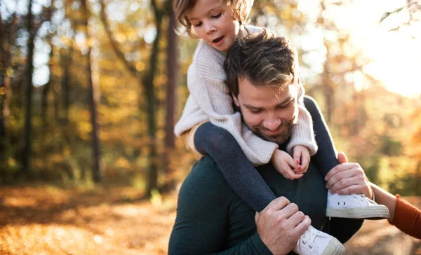 Volwassen vader geven piggyback rit naar kleine dochter op een wandeling in de herfst bos. — Stockfoto