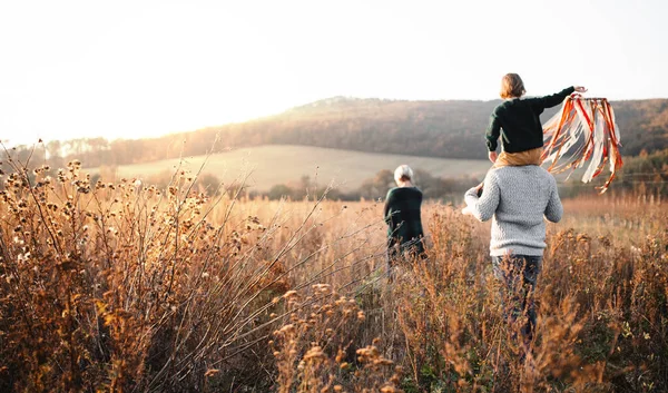 Vue arrière de la famille avec petite fille lors d'une promenade en automne nature. — Photo