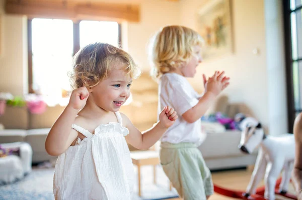 家の中で遊んでいる小さな男の子と女の子の肖像. — ストック写真