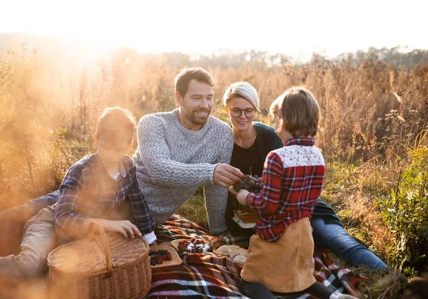 Hermosa familia joven con niños pequeños haciendo picnic en la naturaleza de otoño . — Foto de Stock