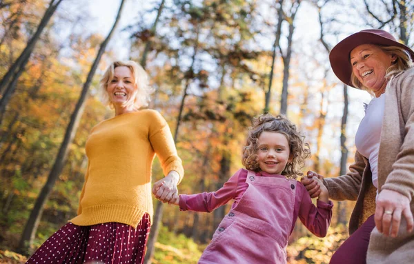 Klein meisje met moeder en oma op een wandeling in de herfst bos. — Stockfoto