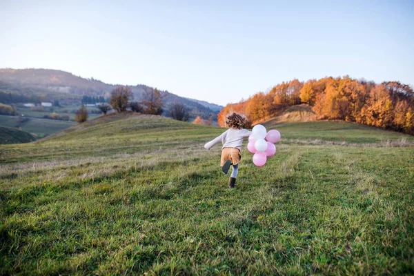 Vue arrière de la petite fille avec des ballons courant dans la nature d'automne. — Photo