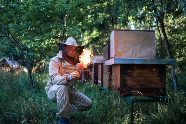 養蜂家が養蜂に従事している姿を蜂の喫煙者を使って. — ストック写真