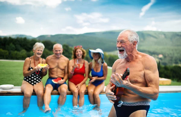 Grupo de personas mayores alegres por piscina al aire libre en el patio trasero, concepto de fiesta. — Foto de Stock