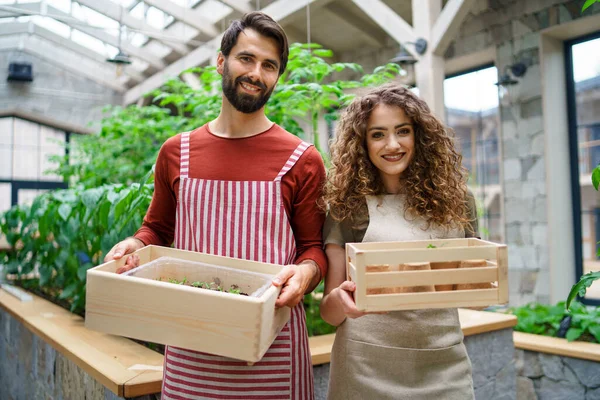 Retrato del hombre y la mujer jardineros de pie en el invernadero, mirando a la cámara. — Foto de Stock