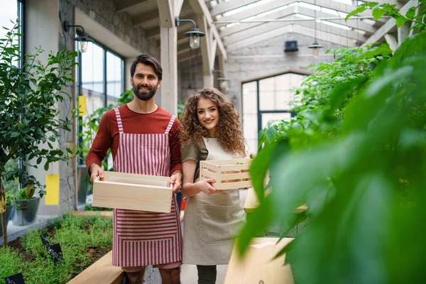 Retrato del hombre y la mujer jardineros de pie en el invernadero, mirando a la cámara. — Foto de Stock