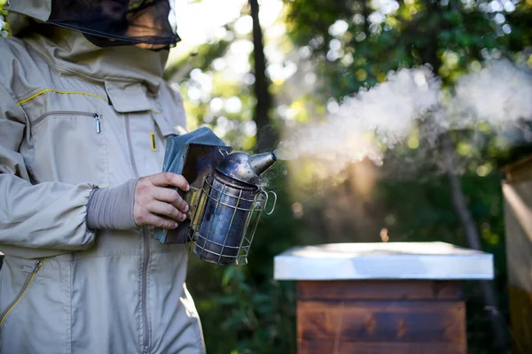 Oigenkännlig biodlare som arbetar på bigård, med hjälp av birökare. — Stockfoto