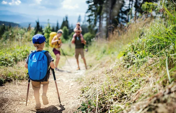 Rear view of small boy with family hiking outdoors in summer nature. — Stock Photo, Image