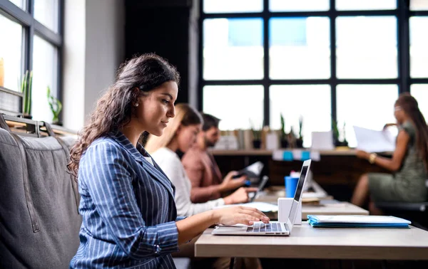 Porträtt av unga företagare med bärbar dator som arbetar inomhus på kontoret. — Stockfoto