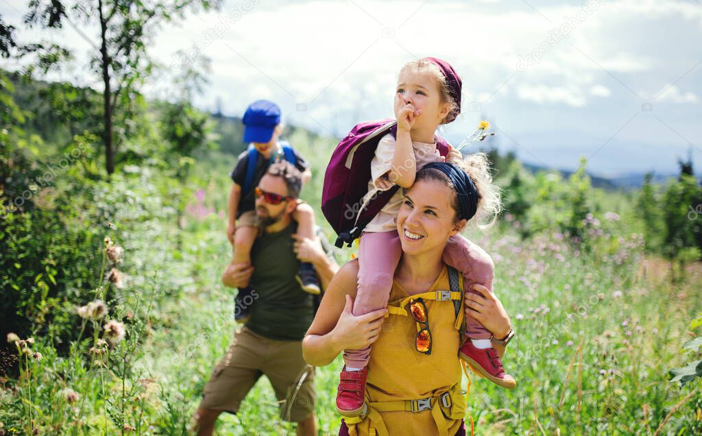 Family with small children hiking outdoors in summer nature.