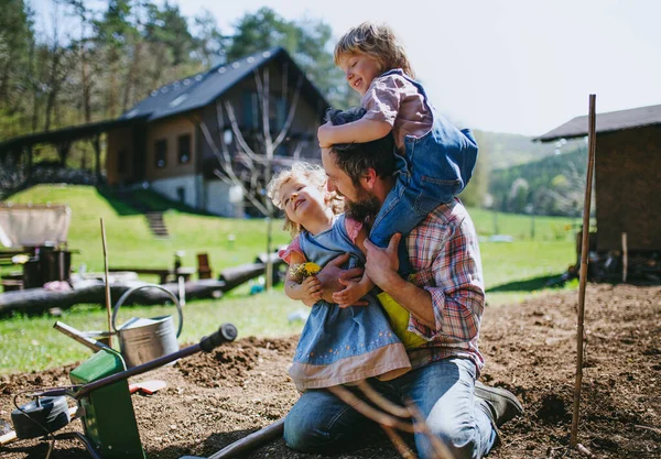 Padre con niños pequeños que trabajan al aire libre en el jardín, concepto de estilo de vida sostenible. —  Fotos de Stock