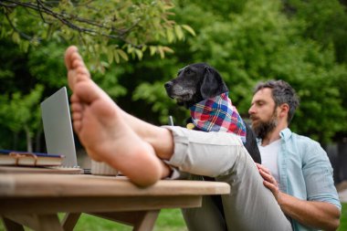 Diz üstü bilgisayarı ve köpeği olan olgun bir adam bahçede çalışıyor, ev ofis konsepti..