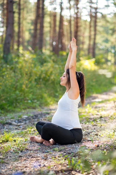 Retrato de mujer embarazada feliz al aire libre en la naturaleza, haciendo ejercicio de yoga. — Foto de Stock