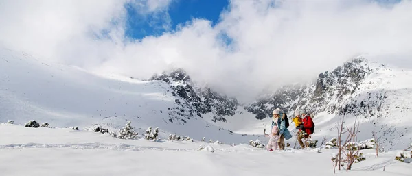 İki küçük çocuklu anne ve baba kışın doğada karda oynuyorlar.. — Stok fotoğraf