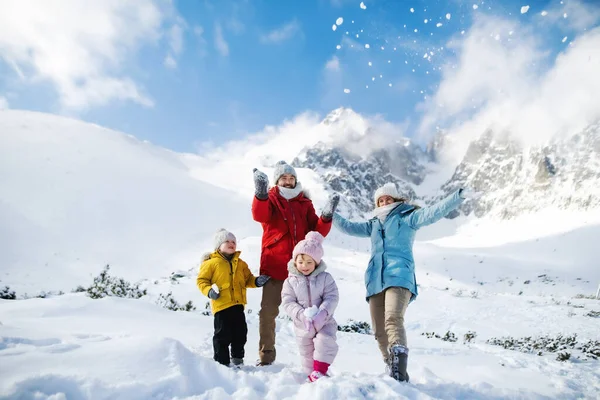 Pai e mãe com dois filhos pequenos na natureza de inverno, brincando na neve. — Fotografia de Stock