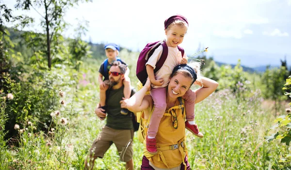 Familie mit kleinen Kindern wandern im Sommer draußen in der Natur. — Stockfoto