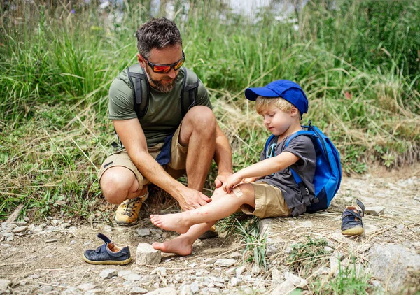 Father with small son hiking outdoors in summer nature, putting plaster on knee. — Stock Photo, Image