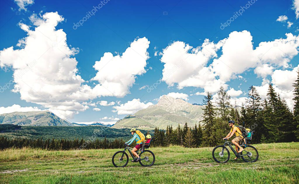 Family with small children cycling outdoors in summer nature.