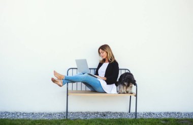 Evde köpeği olan olgun bir kadın dışarıda bankta çalışıyor, dizüstü bilgisayar kullanıyor..
