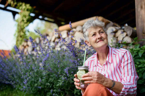 Porträtt av äldre kvinna sitter utomhus i trädgården, håller lemonad dryck. — Stockfoto