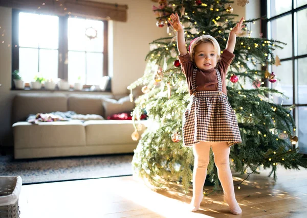 Retrato de menina pequena dentro de casa no Natal, jogando. — Fotografia de Stock
