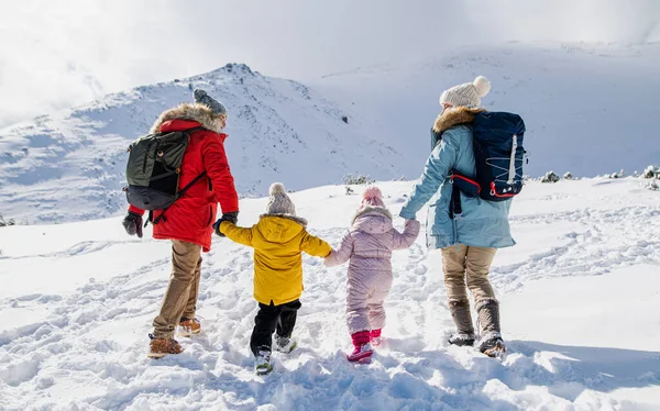 Widok z tyłu ojca i matki z dwójką małych dzieci w zimie przyrody, chodzenie w śniegu. — Zdjęcie stockowe