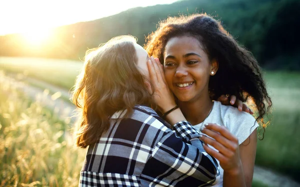 Young teenager girls friends outdoors in nature, whispering in ear. — Stock Photo, Image
