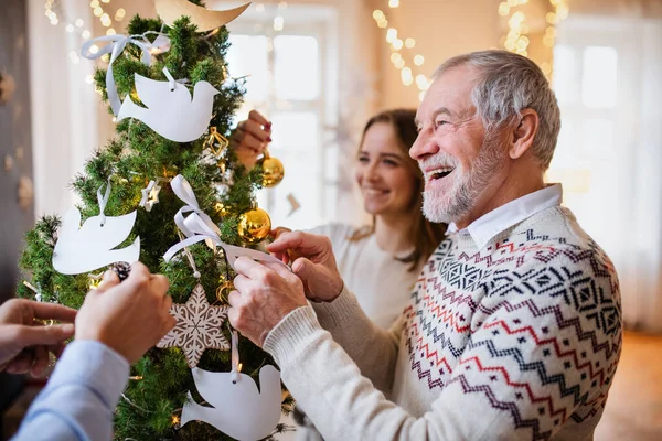 Família de várias gerações dentro de casa no Natal, árvore de decoração. — Fotografia de Stock