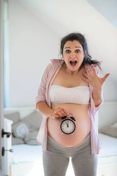 Ritratto di donna incinta felice in casa, data di scadenza. — Foto Stock