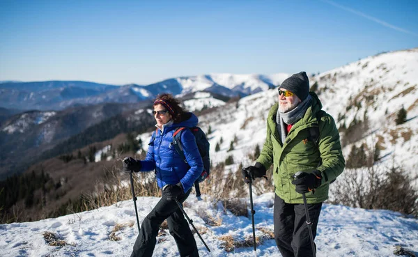 Äldre par med nordiska gångstavar vandrar i snötäckt vinternatur. — Stockfoto
