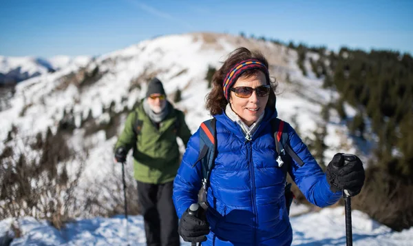 Äldre par med nordiska gångstavar vandrar i snötäckt vinternatur. — Stockfoto