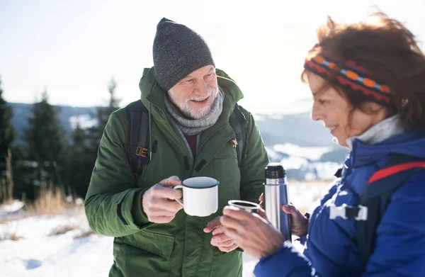 Senderistas pareja de ancianos en la naturaleza de invierno cubierto de nieve, beber té caliente. — Foto de Stock