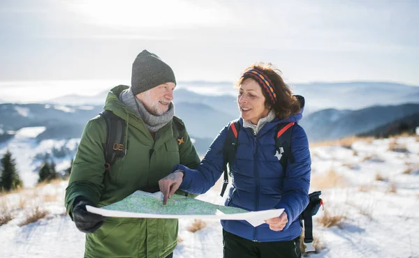 Senior couple hikers using map in snow-covered winter nature. — Stock Photo, Image
